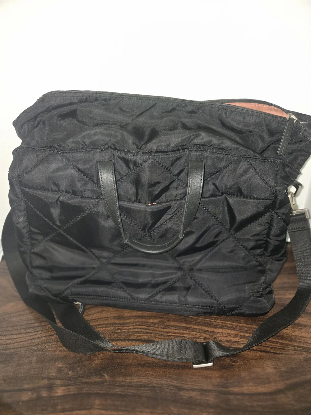 KNOMO Quilted Black Laptop Tote with Adjustable Strap